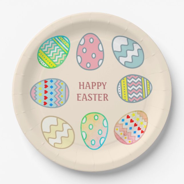 Painted Easter Eggs on Light Champagne Beige Paper Plate (Front)