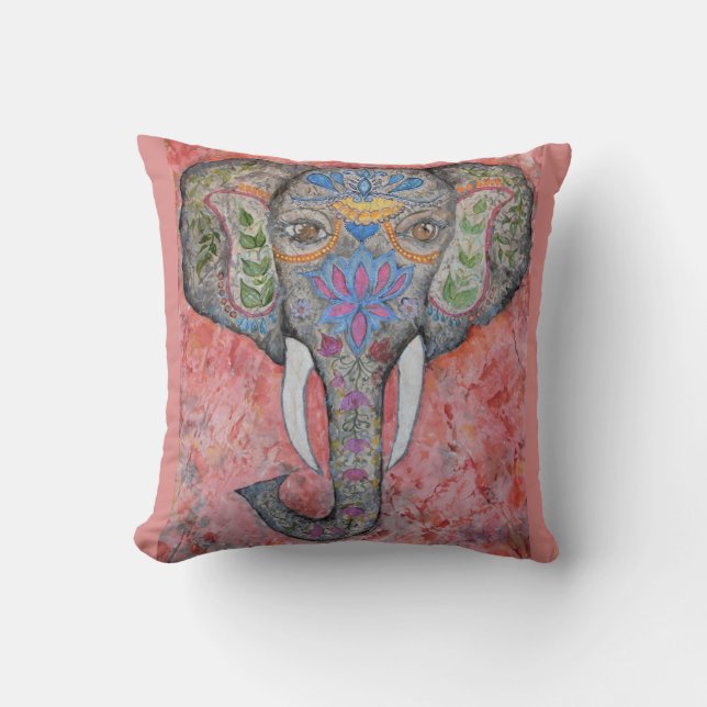 Painted Elephant Watercolor Art Throw Pillow (Front)
