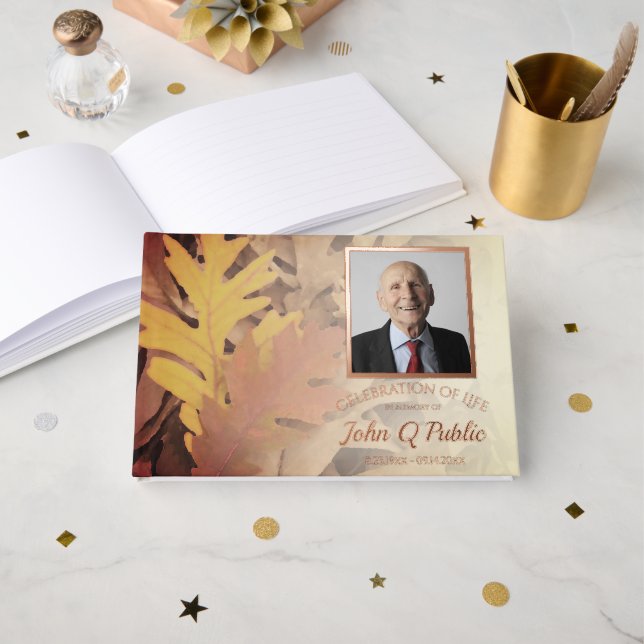 Painted Fall Leaves Celebration of Life Memorial Guest Book (Front Open)