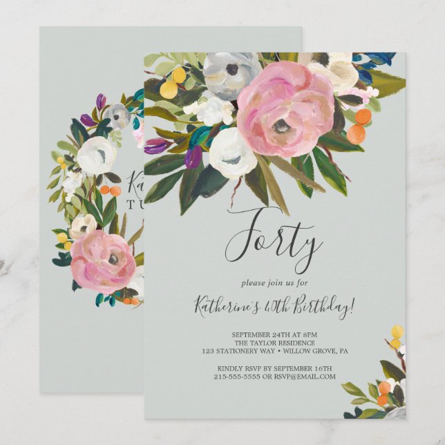 Painted Floral 40th Birthday Invitation (Front/Back)