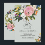 Painted Floral 50th Birthday Invitation<br><div class="desc">This painted floral 50th birthday invitation is perfect for a modern birthday party. The elegant and romantic design features beautiful painted acrylic flowers in blush pink and white,  with pops of colourful purple,  blue,  orange and yellow.</div>