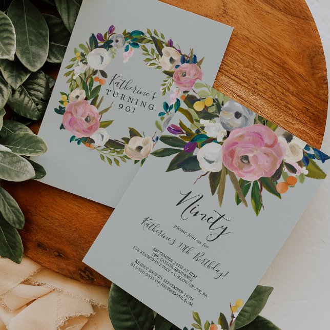 Painted Floral 90th Birthday Invitation (Creator Uploaded)