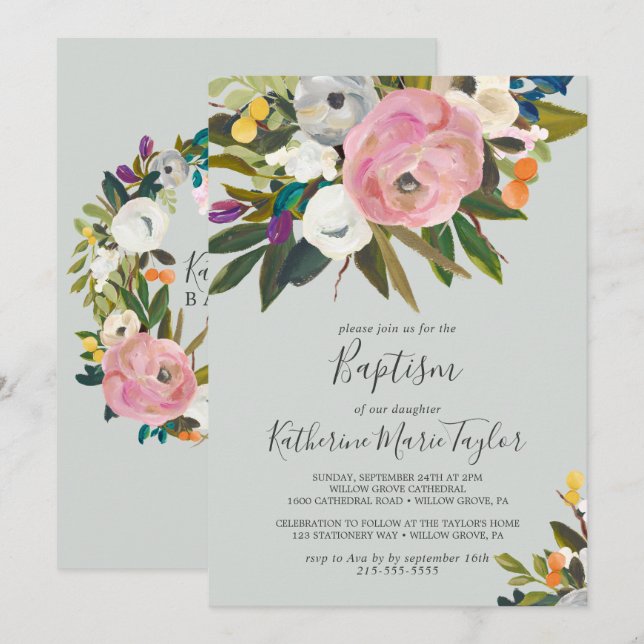 Painted Floral Baby Baptism Invitation (Front/Back)