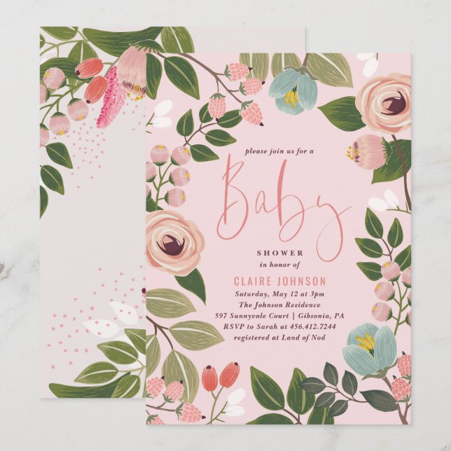 Painted Floral Baby Shower Invitation | Pink (Front/Back)