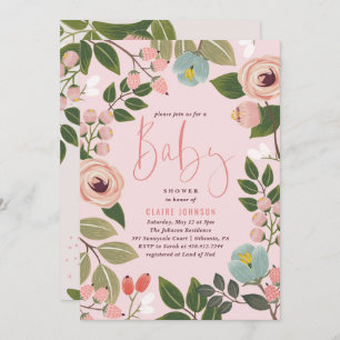 Painted Floral Baby Shower Invitation   Pink