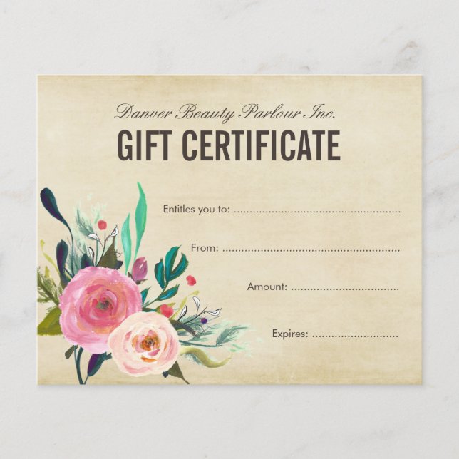 Painted Floral Beauty Salon Gift Certificate (Front)
