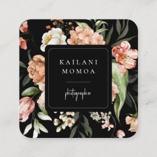 Painted Floral Black Square Business Card