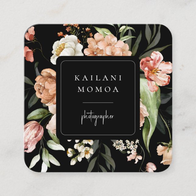 Painted Floral Black Square Business Card (Front)