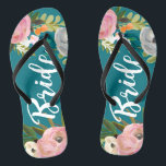 Painted Floral Blooms Bride Flip Flops Sandals<br><div class="desc">White script bride over exquisite acrylic florals and custom colour background. 

The gorgeous florals are by Create the Cut. Find them on Creative Market https://crmrkt.com/7WdAX,  Etsy https://www.etsy.com/shop/CreateTheCut,  and 
www.createthecut.com</div>