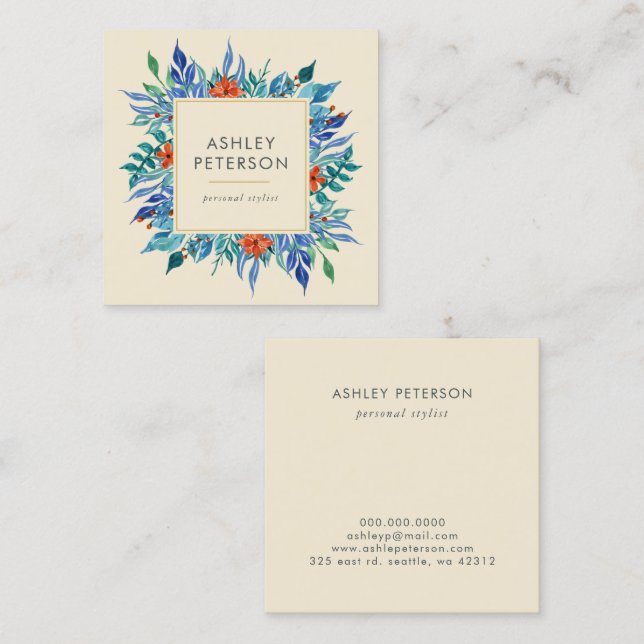 Painted Floral Botanical Elegant Modern Square Business Card (Front/Back)