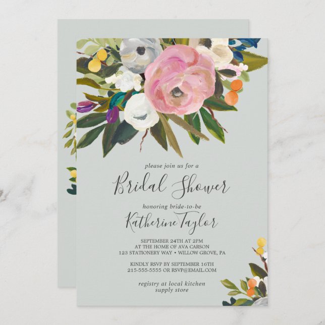 Painted Floral Bridal Shower Invitation (Front/Back)