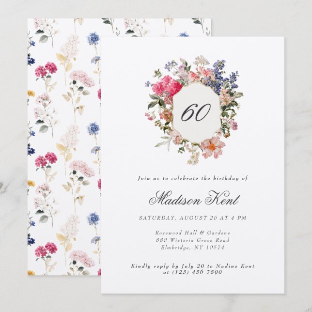 Painted Floral Crest 60th Birthday Party Invitation (Front/Back)