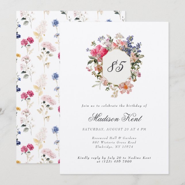 Painted Floral Crest 85th Birthday Party Invitation (Front/Back)
