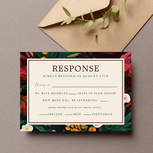 Painted Floral Dark Burgundy Green Teal Wedding RSVP Card