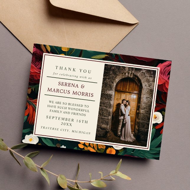 Painted Floral Dark Burgundy Green Teal Wedding Thank You Card (Creator Uploaded)