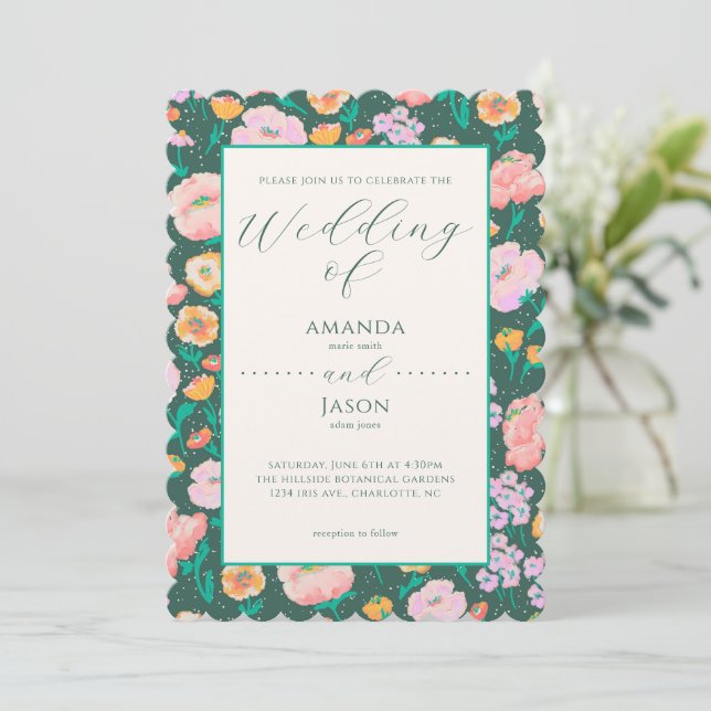 Painted Floral Dark Green Wedding Invitation (Standing Front)