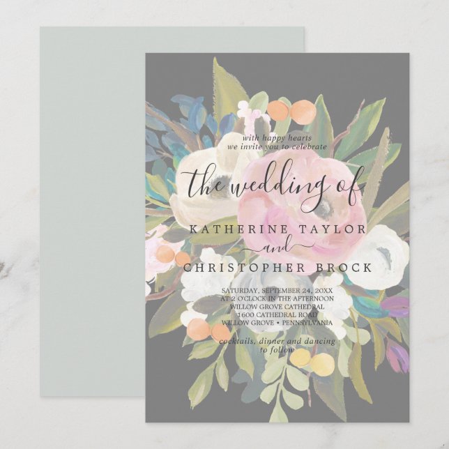 Painted Floral | Faded Dark Grey The Wedding Of Invitation (Front/Back)