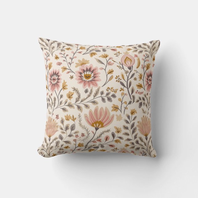 Painted Floral Folk Art Pattern Cushion (Front)