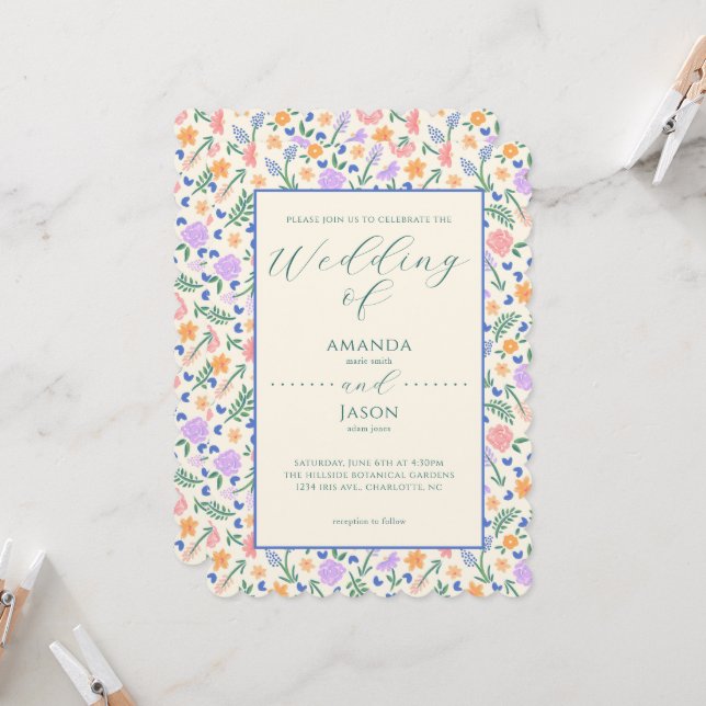 Painted Floral Folk Art Wedding Invitation (Front/Back In Situ)