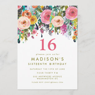 Painted Floral Girls 16th Birthday Invite
