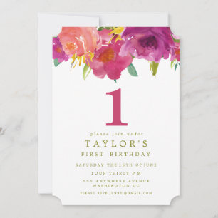 Painted Floral Girls 1st Birthday Invite