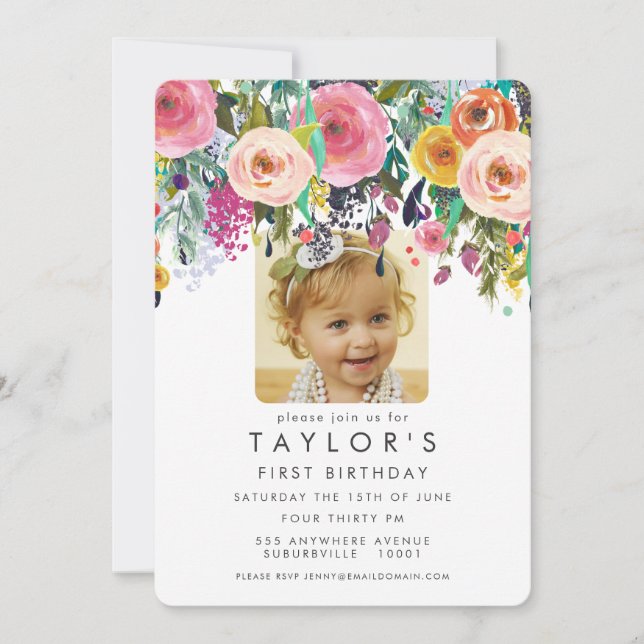 Painted Floral Girls 1st Birthday Photo Invite (Front)