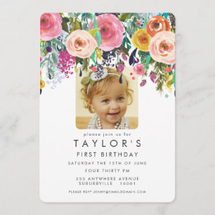 Painted Floral Girls 1st Birthday Photo Invite