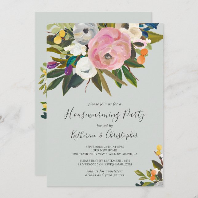 Painted Floral Housewarming Party Invitation (Front/Back)