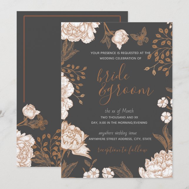Painted Floral in Shades of Peach & Brown Wedding Invitation (Front/Back)