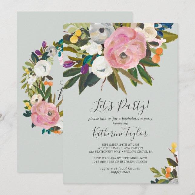 Painted Floral Let's Party Invitation (Front/Back)