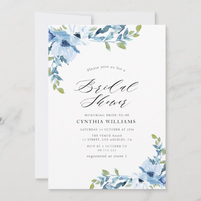 painted floral light blue bridal shower invitation (Front)