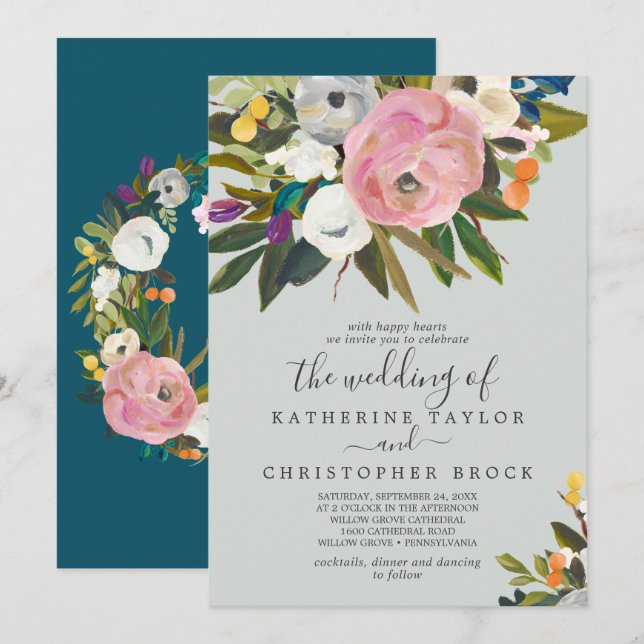 Painted Floral | Monogram The Wedding Of Invitation (Front/Back)
