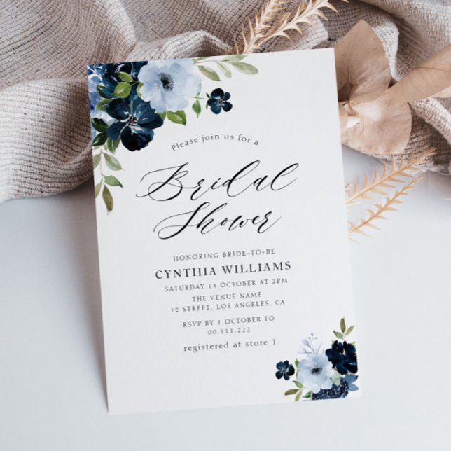 painted floral navy and light blue bridal shower invitation (Creator Uploaded)