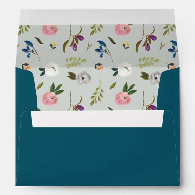 Painted Floral Pattern | Teal Wedding Invitation Envelope (Back (Bottom))