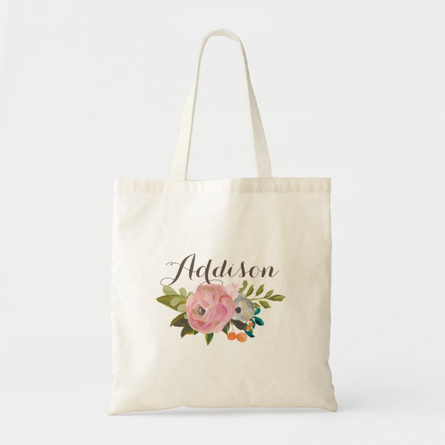 Painted Floral Personalised Girls Canvas Tote Bag (Front)