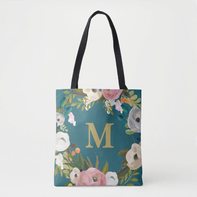 Painted Floral Personalised Monogram Canvas Bag (Front)