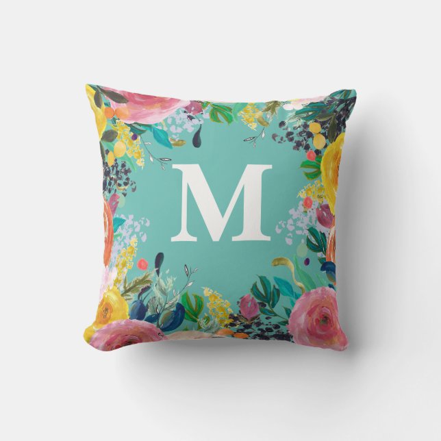 Painted Floral Personalised Monogram Initial Cushion (Front)