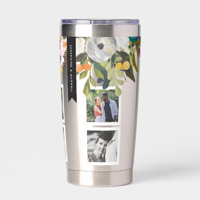 Painted Floral Photo Collage Personalised Names Insulated Tumbler (Back)