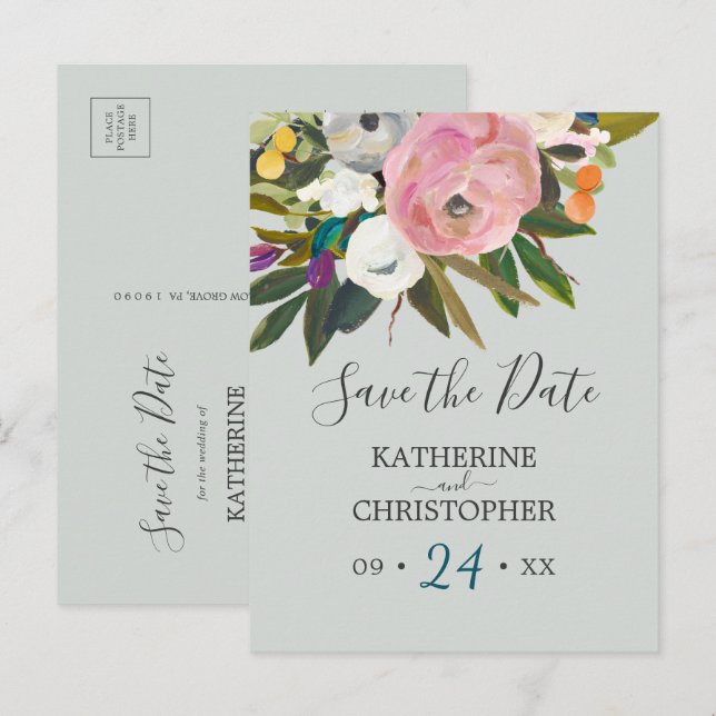 Painted Floral Save the Date Announcement Postcard (Front/Back)