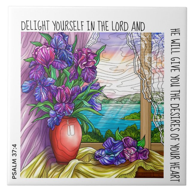 Painted floral & sunrise, w/ verse from Psalm 37:4 Tile (Front)