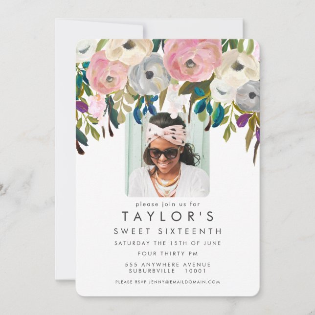 Painted Floral Sweet 16 Birthday Party Photo Invitation (Front)