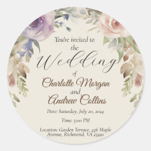 Painted floral wedding invitation classic round sticker