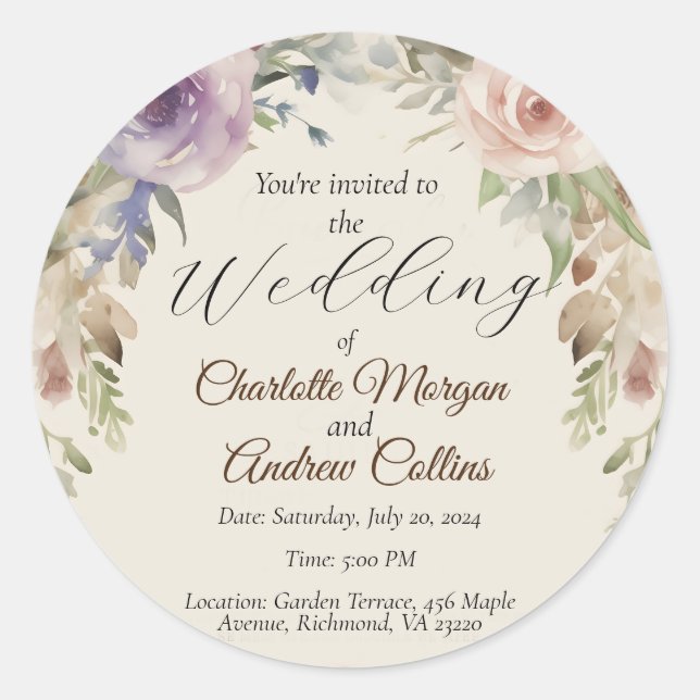 Painted floral wedding invitation classic round sticker (Front)