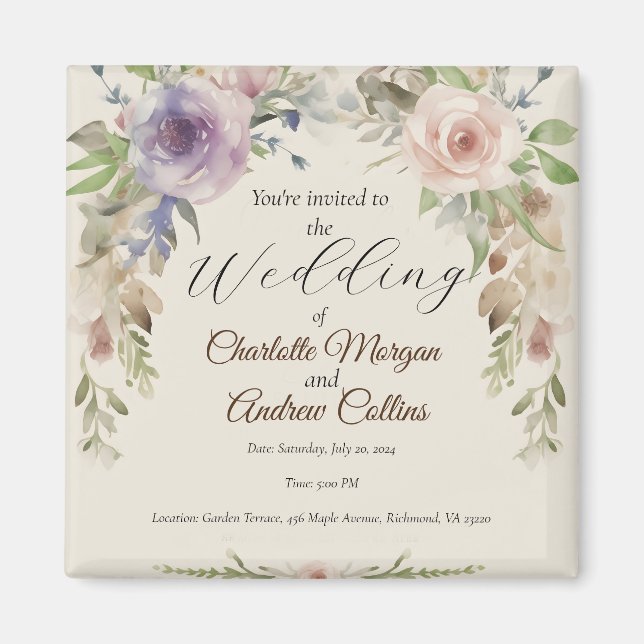 Painted floral wedding invitation magnet (Front)