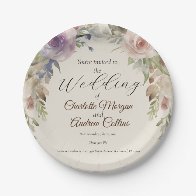 Painted floral wedding invitation paper plate (Front)
