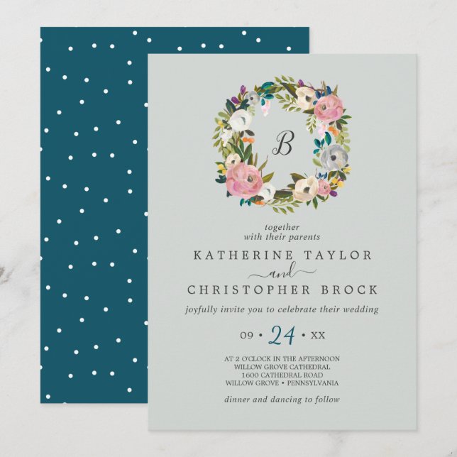 Painted Floral Wreath Monogram Wedding Invitation (Front/Back)