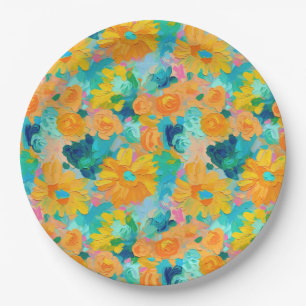 Painted Floral Yellow Blue Green Pink Art Colourfu Paper Plate