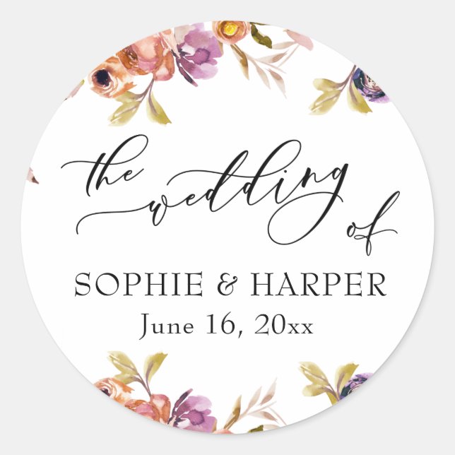 Painted Florals Luxury Calligraphy The Wedding Of Classic Round Sticker (Front)