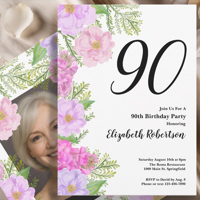 Painted Flower Custom Photo Template 90th Birthday (Creator Uploaded)