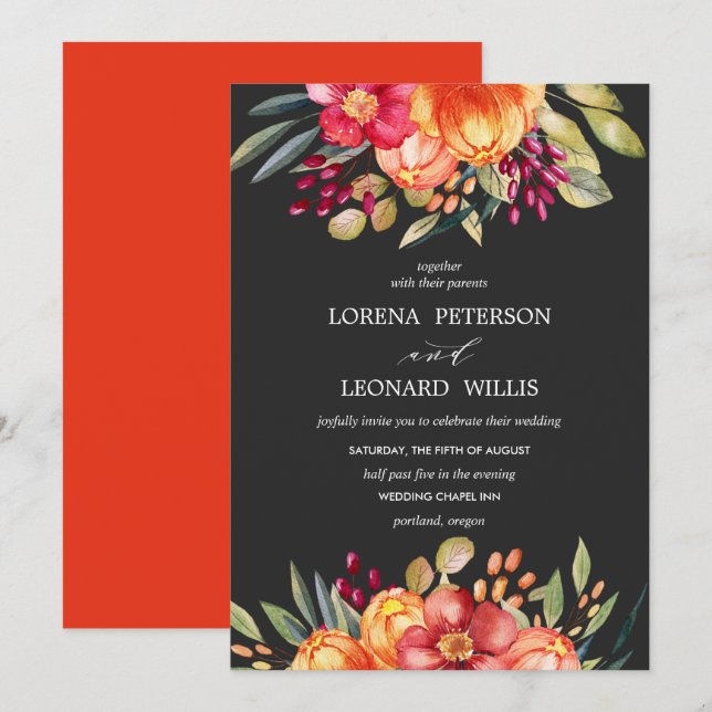 Painted Flower Modern ELEGANT Rustic Orange grey Invitation (Front/Back)